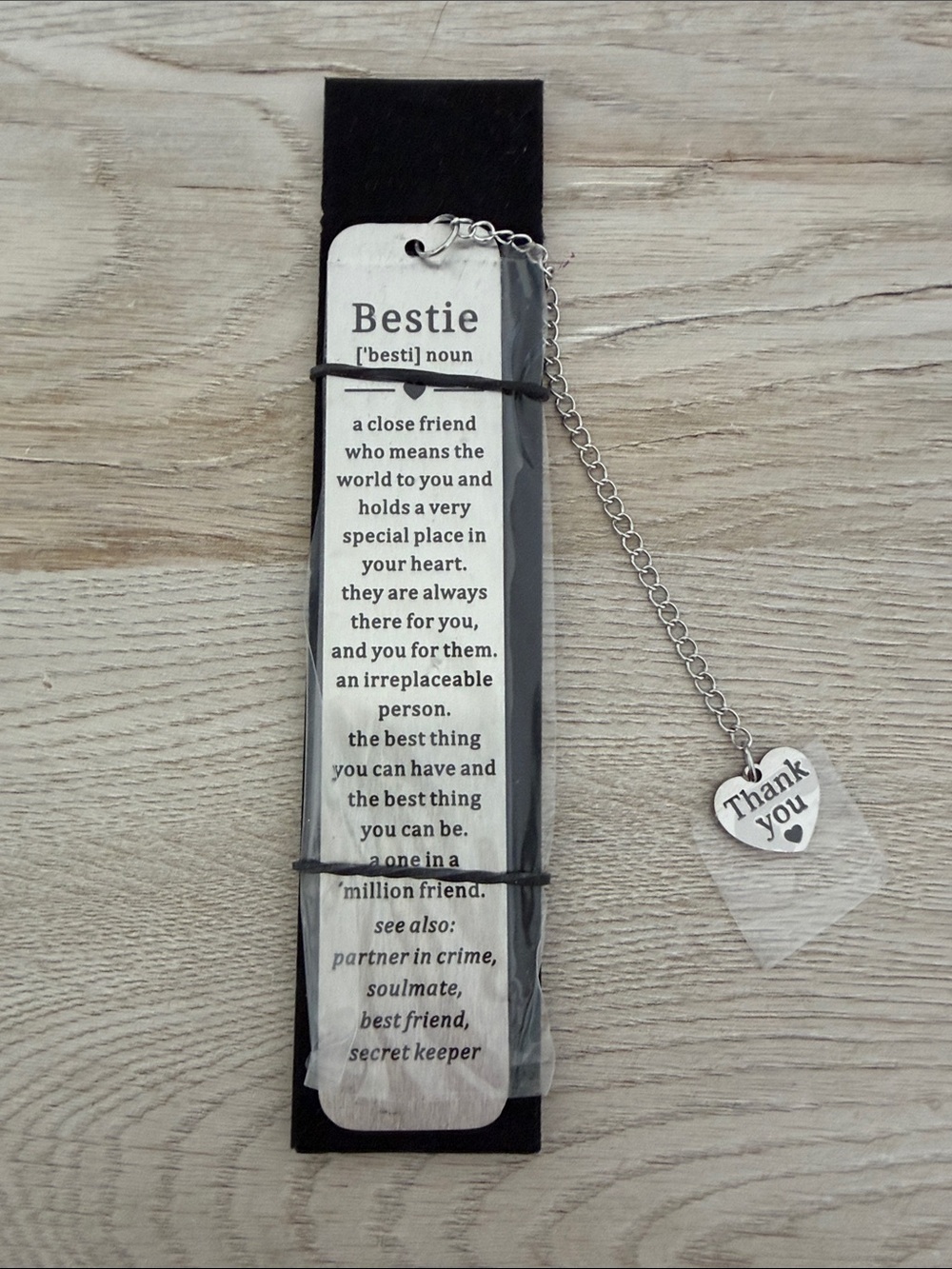Bestie Bookmark & Thank You Heart Charm - Silver and Black
